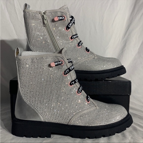 DKNY Silver Black Rhinestone Combat Boots New With Box - Picture 7 of 7